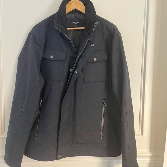 Kenneth Cole Faux Shearling Collar Wool Blend Men’s Black Trucker Jacket XXL NWT - Picture 1 of 10